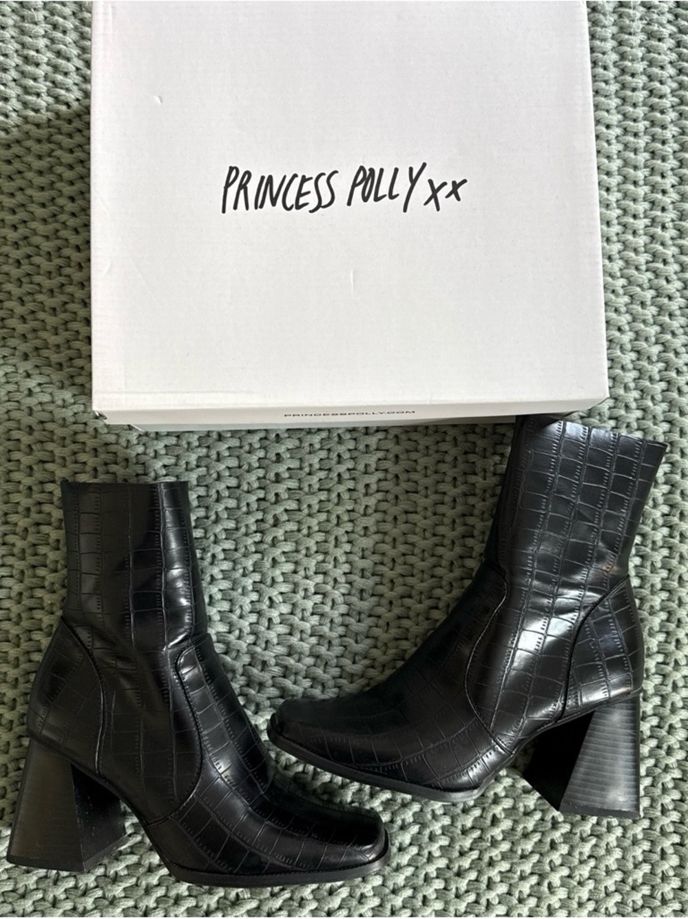 Princess Polly Black Croc Heeled Booties